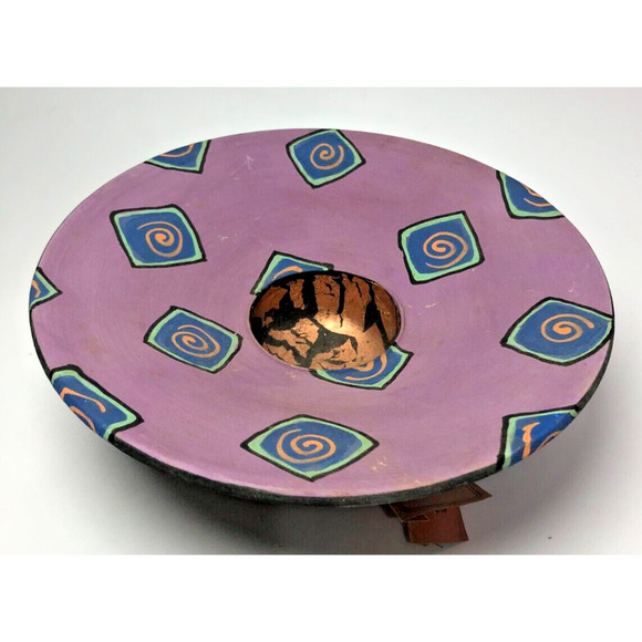 Barbara Mann Made Designs Fun 8" Matte Pottery Bowl Purple Chicklets Copper Leaf - Picture 2 of 8